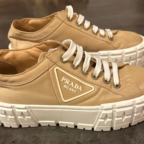 Prada Double Wheel Tan and White Re Nylon Sneakers - Picture 1 of 6